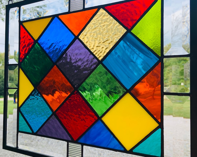 Colorful Diamond Tudor Stained Glass Window, 14.5" W X 12.5"H,