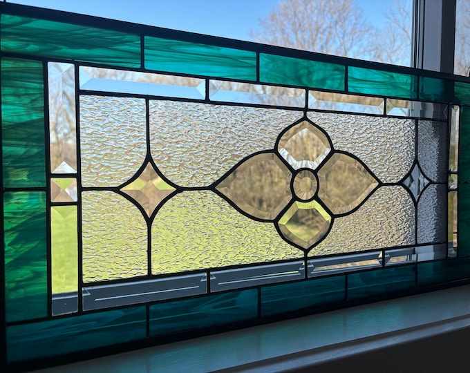 Teal Green Beveled Glass Panel | 12.5" x 25.5" | Wispy Teal Green & Clear Granite | Handmade by Honey Dew Glass | Tiffany Copper Foil