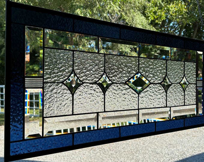 HoneyDewGlass Navy Blue and Granite Stained Glass Panel , 14.75" X 35.75"