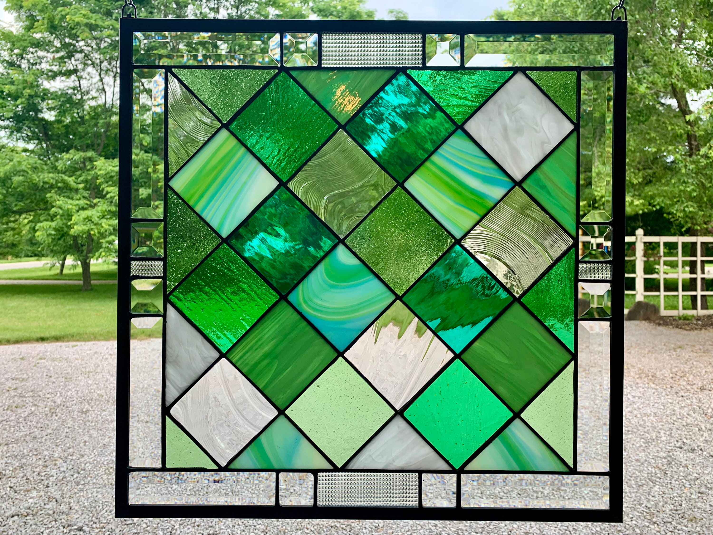 HoneyDewGlass Green Tudor Stained Glass Window, 19.5 W X 20H, Hanging