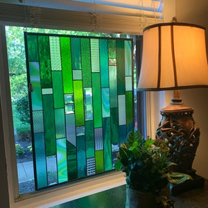 HoneyDewGlass Large Green Geometric Stained Glass Panel, 22.75" X 29.75",