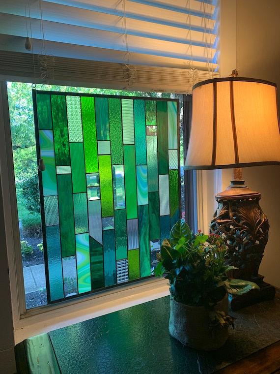 Honeydewglass Large Green Geometric Stained Glass Panel - Etsy