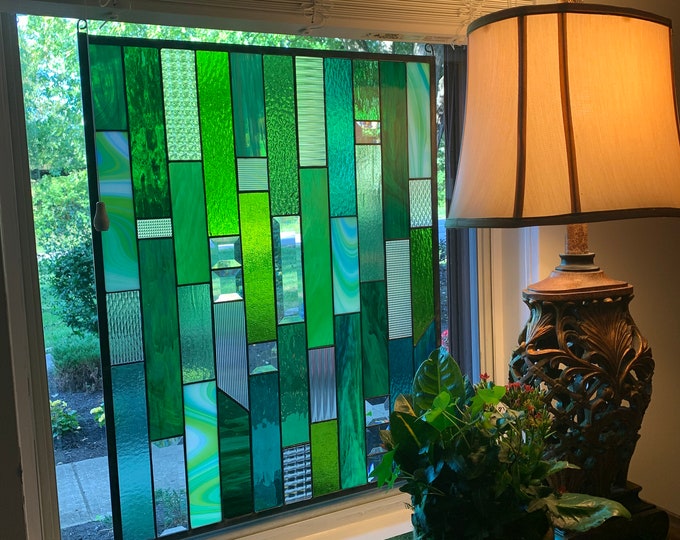 HoneyDewGlass Large Green Geometric Stained Glass Panel, 22.75" X 29.75",