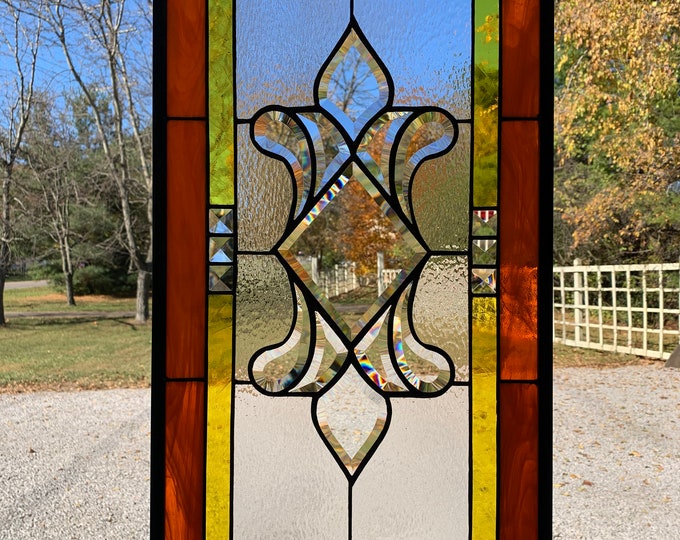 HoneyDewGlass Orange and Yellow Grosse Pointe Stained Glass Panel, 13.75" X 28.75”
