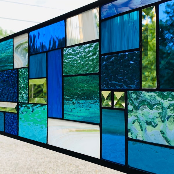 Geometric Stained Glass Panel in Blues, Turquoise, White & Bevels | Multiple Sizes | Honey Dew Glass