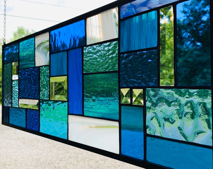 HoneyDewGlass Assorted Blues  Geometric Stained Glass Panel, 9.5" X 27.5"