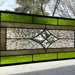 Chartreuse Green Beveled Glass Panel | 9.5" x 21.5" | Handmade Stained Glass Window | Honey Dew Glass | Tiffany Copper Foil