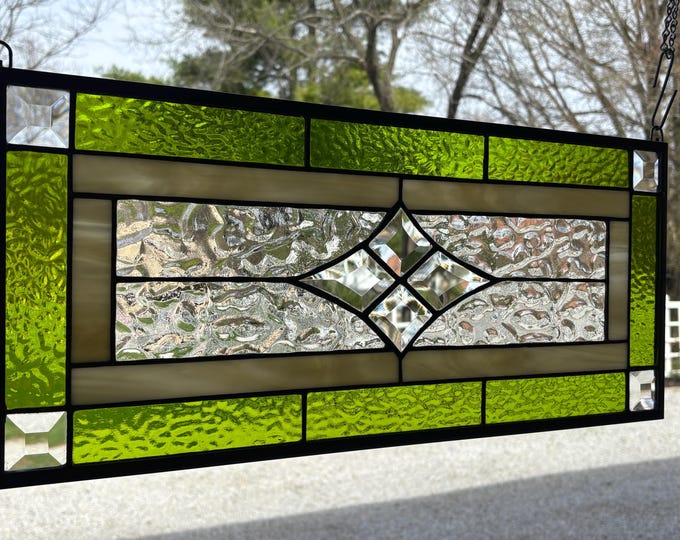 Chartreuse Green Beveled Glass Panel | 9.5" x 21.5" | Handmade Stained Glass Window | Honey Dew Glass | Tiffany Copper Foil