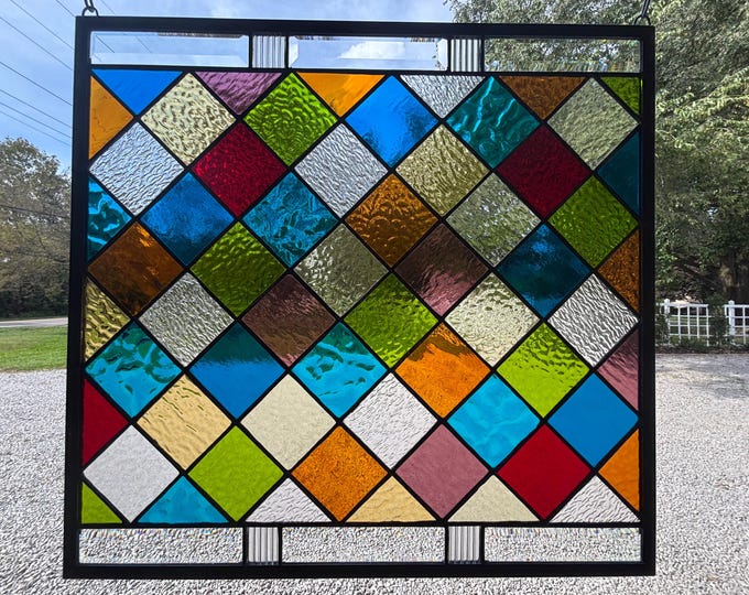 Multicolor Tudor Stained Glass Window Panel with Diamond Pattern & Clear Bevels – Honey Dew Glass 20.25” x 21.25”