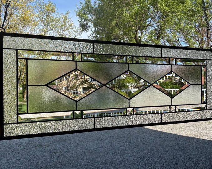 Clear Crystal Ice and Satin Stained Glass Panel | 11.5" x 30.5" | Honey Dew Glass