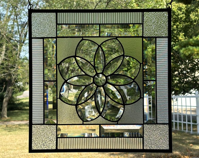 HoneyDewGlass Square Clear Flower Cluster Stained Glass Panel with Bevels, 16.5" X 16.5"