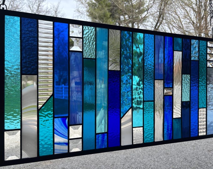 Blue and Aqua Vertical Geometric Stained Glass Panel | 14.75" x 28.375" | Honey Dew Glass