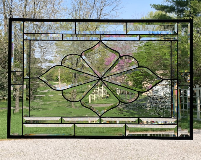 HoneyDewGlass Stained Glass Window with MBX222 Bevel Cluster and Water Glass, 18.75" X 28.75"