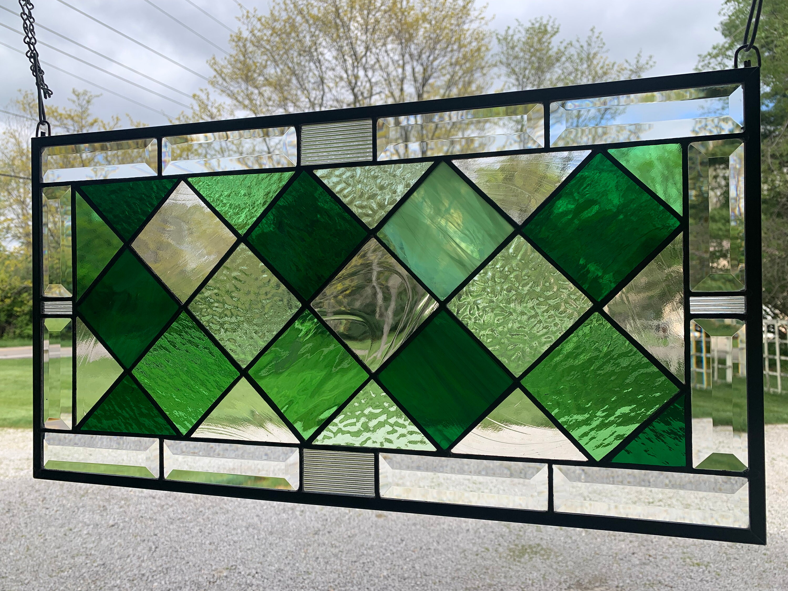 HoneyDewGlass Green Tudor Stained Glass Window, 12 W X 23 H