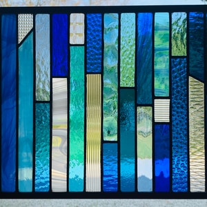 HoneyDewGlass Blue Strips Stained Glass Panel 10.5 X 23 image 4