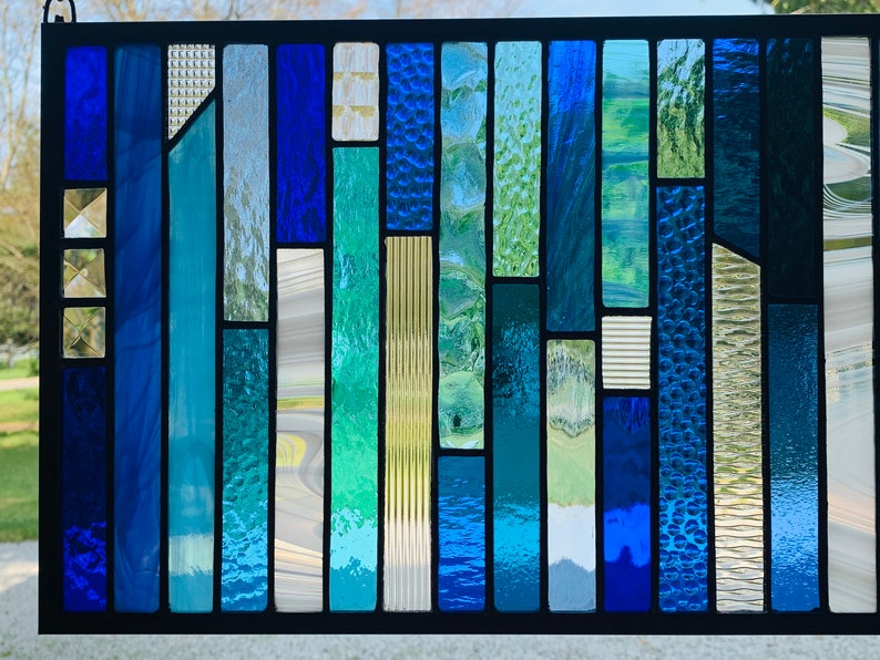 HoneyDewGlass Blue Strips Stained Glass Panel 10.5 X 23 image 4