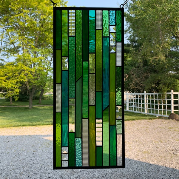 HoneyDewGlass Green Strips Stained Glass Panel, 10.5" X 23.5"