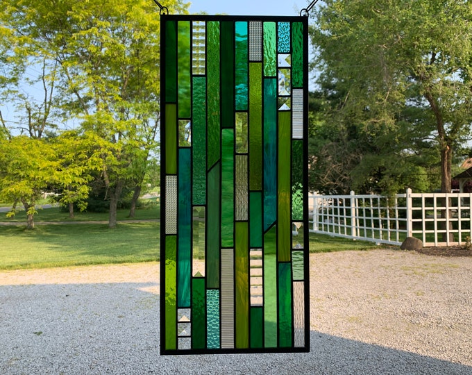 HoneyDewGlass Green Strips Stained Glass Panel, 10.5" X 23.5"