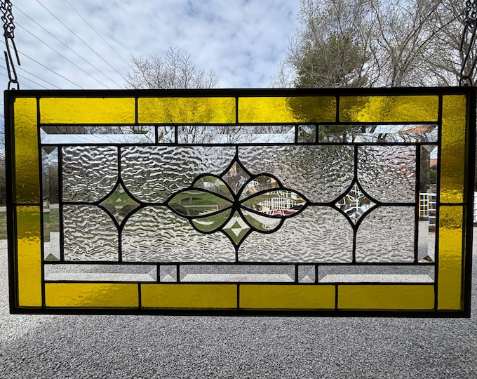 Lemon Yellow & Clear Ripple Stained Glass Panel | Beveled Window Hanging | Honey Dew Glass | 11.5" x 23.5"