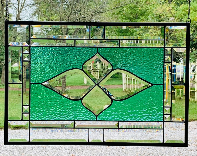 HoneyDewGlass Teal English Muffle Stained Glass Window with Flower Cluster, 16.75" X 24.75"