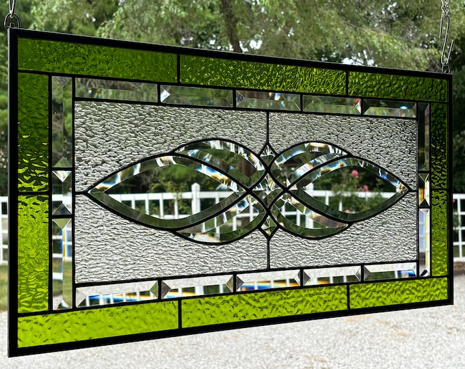 HoneyDewGlass Green Elegant Bevel Cluster Stained Glass Panel with Granite Glass, 13.5" X 25.5"