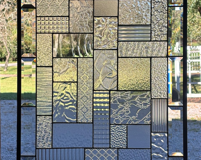 Clear Textured Stained Glass Window Panel with Patchwork Design & Beveled Border – Honey Dew Glass 20.75” x 30.75”