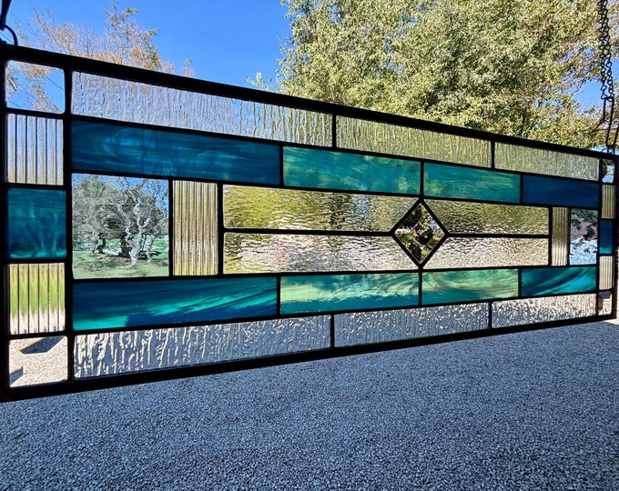 Caribbean Blue, Dark Aqua  and Pale Blue Stained Glass Window Panel with Clear Bevels – Honey Dew Glass 9.5” x 27.5”
