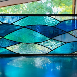 Ocean Wave Stained Glass Panel | Abstract Coastal Decor (7.5" X 24.5")