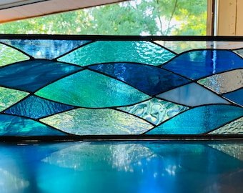 HoneyDewGlass Stained Glass Ocean Waves, 7.5" X 24.5"