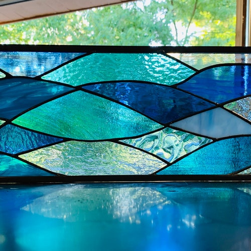 Ocean Wave Stained Glass Panel | Abstract Coastal Decor (7.5" X 24.5")