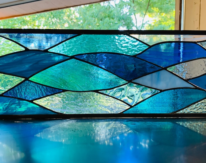HoneyDewGlass Stained Glass Ocean Waves, 7.5" X 24.5"