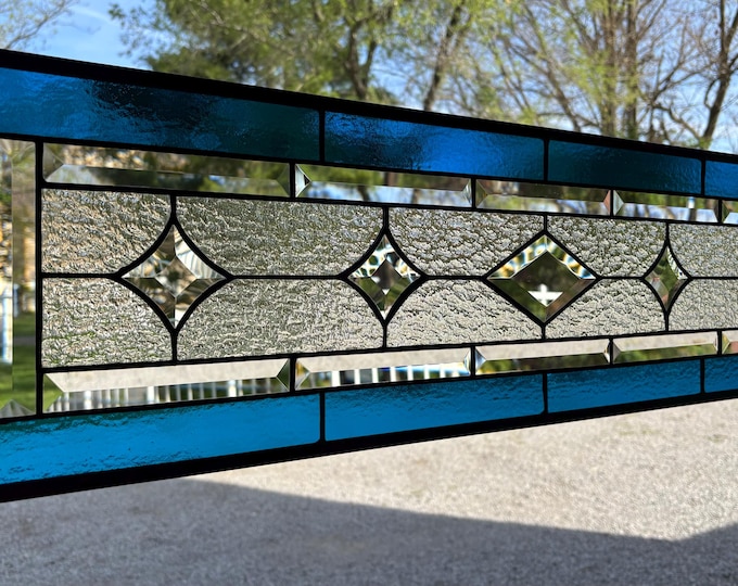 HoneyDewGlass Copper Blue and Granite Stained Glass Panel, 9.5" X 35.5”,
