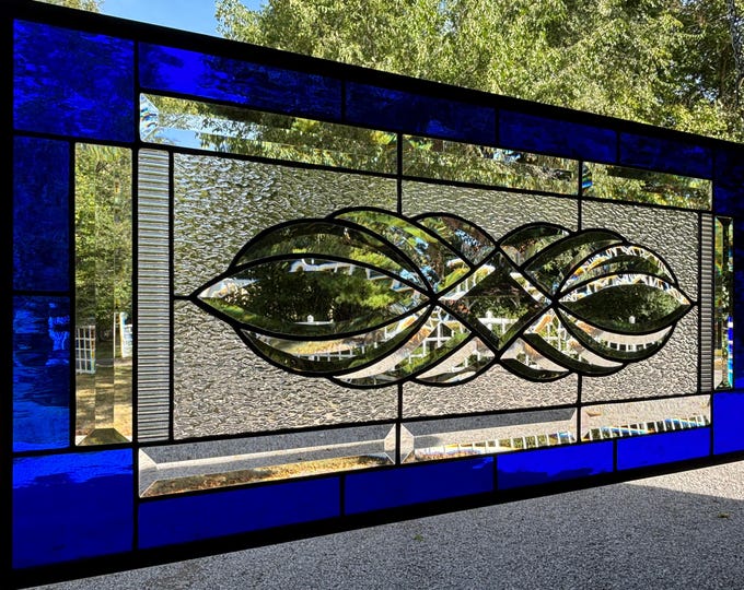 HoneyDewGlass Royal Blue Bevel Cluster Stained Glass Panel with Granite Glass, 14.75" X 30.75"