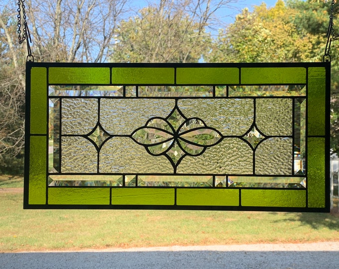Chartreuse Green & Clear Ripple Stained Glass Panel | Beveled Window Hanging | Honey Dew Glass | 11.5" x 23.5"