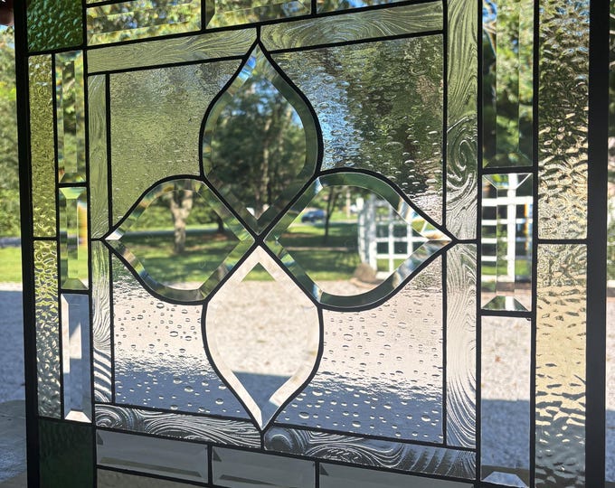 Sage Green and Flax Beveled Stained Glass Panel | 20.75" x 20.75" | Honey Dew Glass