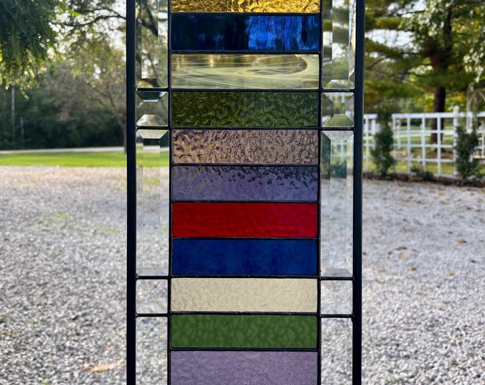 Navy and Purple Color Block Stained Glass Window Panel with Clear Bevels – Honey Dew Glass 9.5” x 27.5”