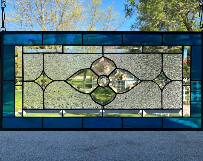 Dark Aqua Beveled Glass Panel | 12.5" x 25.5" | Blue Wispy & Clear Granite | Handmade by Honey Dew Glass | Tiffany Copper Foil