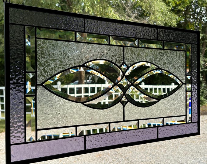 HoneyDewGlass Purple Elegant Bevel Cluster Stained Glass Panel with Glue Chip Glass, 13.5" X 25.5"
