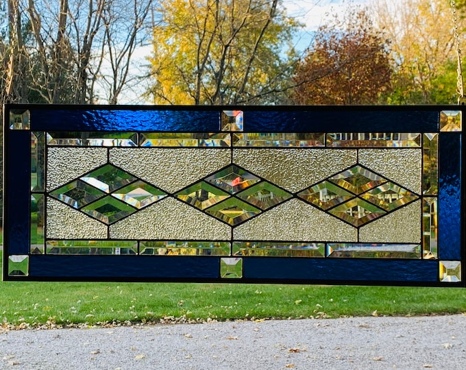 HoneyDewGlass Triple Diamonds Dark Blue Stained Glass Panel, 11.5" X 29.5”