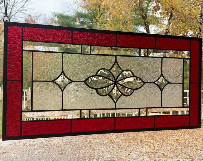 HoneyDewGlass Flower Cluster Stained Glass Panel with Ruby Granite Border, 11.5" X 23.5"
