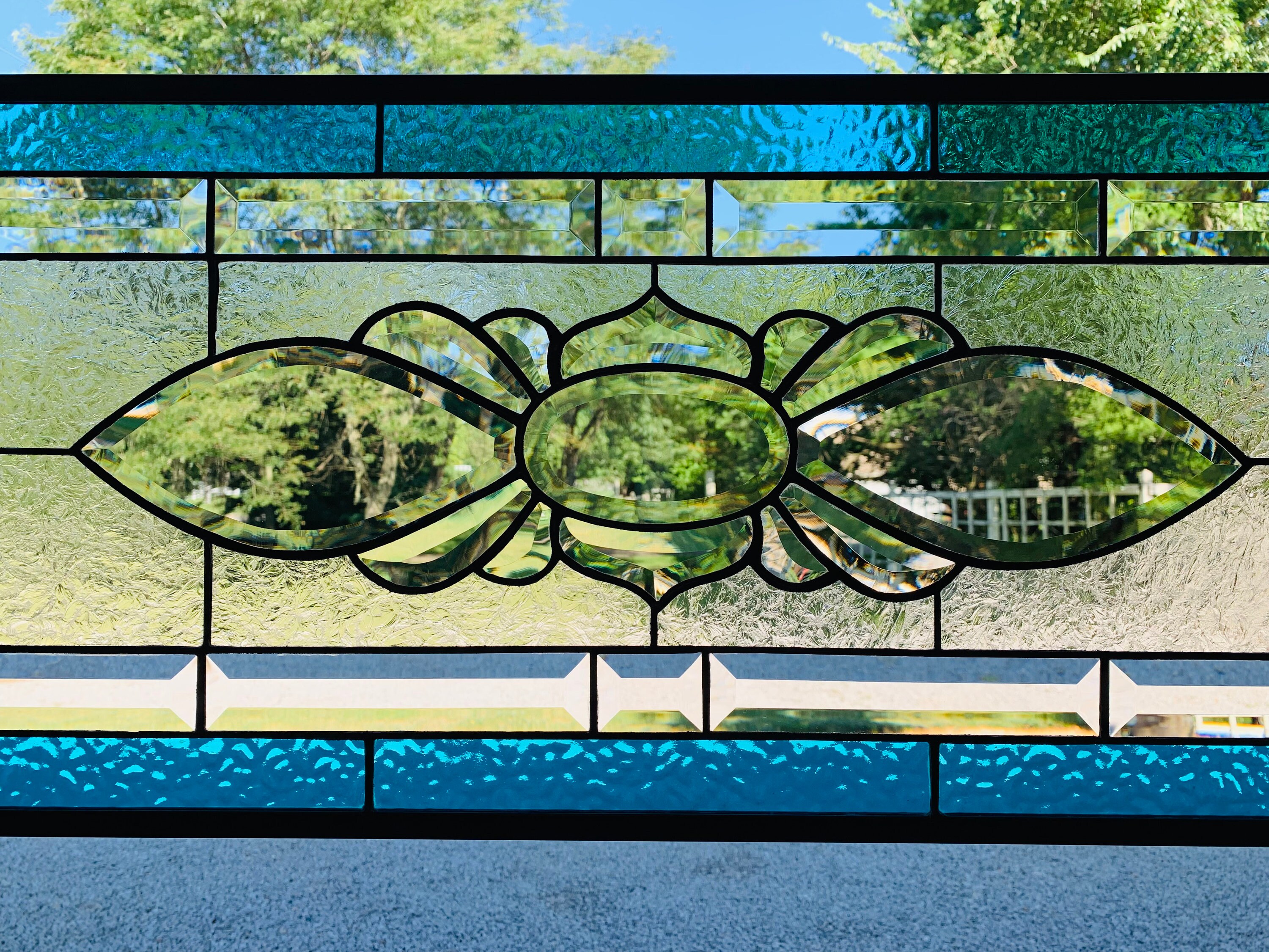 HoneyDewGlass Sea Blue Bevel Cluster Stained Glass Panel with Bevels