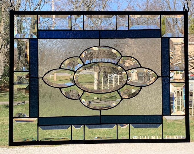 HoneyDewGlass Large Navy Blue and Clear Stained Glass Window with Bevels, 16.25" X 21.75"