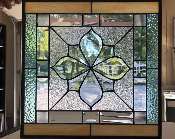 Aqua Mist and Amber Stained Glass Panel, Clear Bevel Flower, 16.5” x 16.5” | Honey Dew Glass