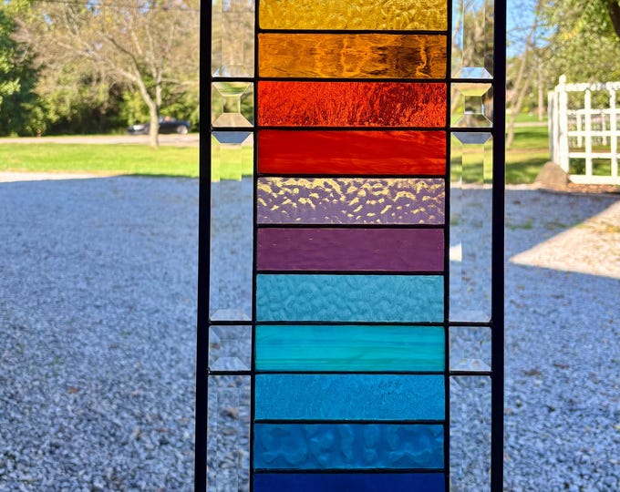 Sunset Inspired Color Block Stained Glass Window Panel with Clear Bevels – Honey Dew Glass 9.5” x 27.5”