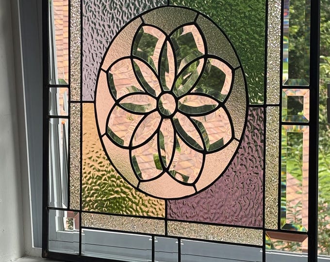 Pastel Blue, Green, Flax and Lavender Beveled Stained Glass Panel | 20.75" x 20.75" | Honey Dew Glass
