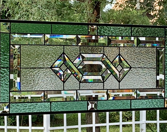 HoneyDewGlass Portage Sage Stained Glass Panel, 12.5" X 28.5”