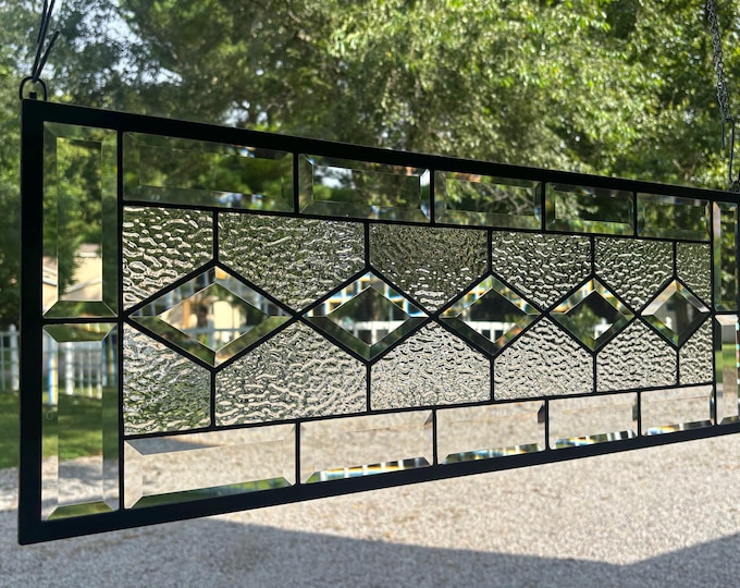 Clear Diamond Stained Glass Panel with Ripple Glass & Bevels, 10.75" x 29.75" | Honey Dew Glass