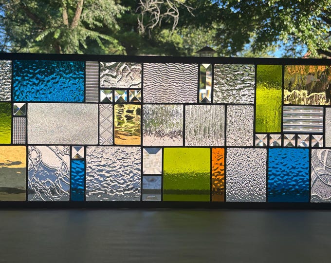 Blue Chartreuse Amber Geometric Stained Glass Panel, Textured Clear Glass & Bevels, 10.75" x 30.75" | Honey Dew Glass