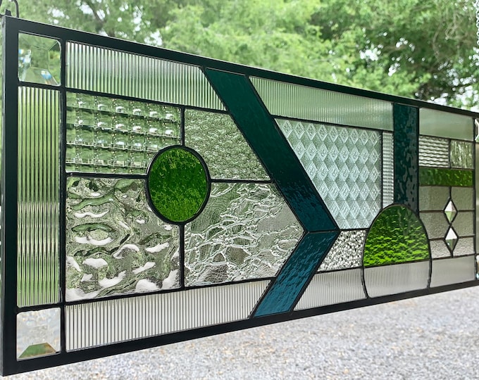 HoneyDewGlass Smokey Blue and Green Contemporary Stained Glass Panel, 9.5" X 27.5"