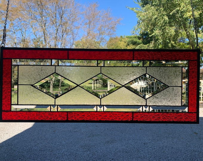 HoneyDewGlass  Red Granite Stained Glass Panel, 11.5" X 30.5”